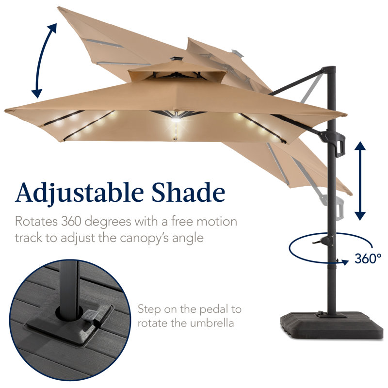  9X12ft 2-Tier Square Outdoor Solar LED Cantilever Umbrella W/ 360-Rotating Base - Tan, Tan