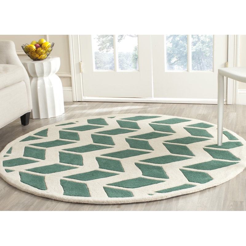Tapis vert / ivoire en laine touffeté à la main Sanaz, Rond 5 pi