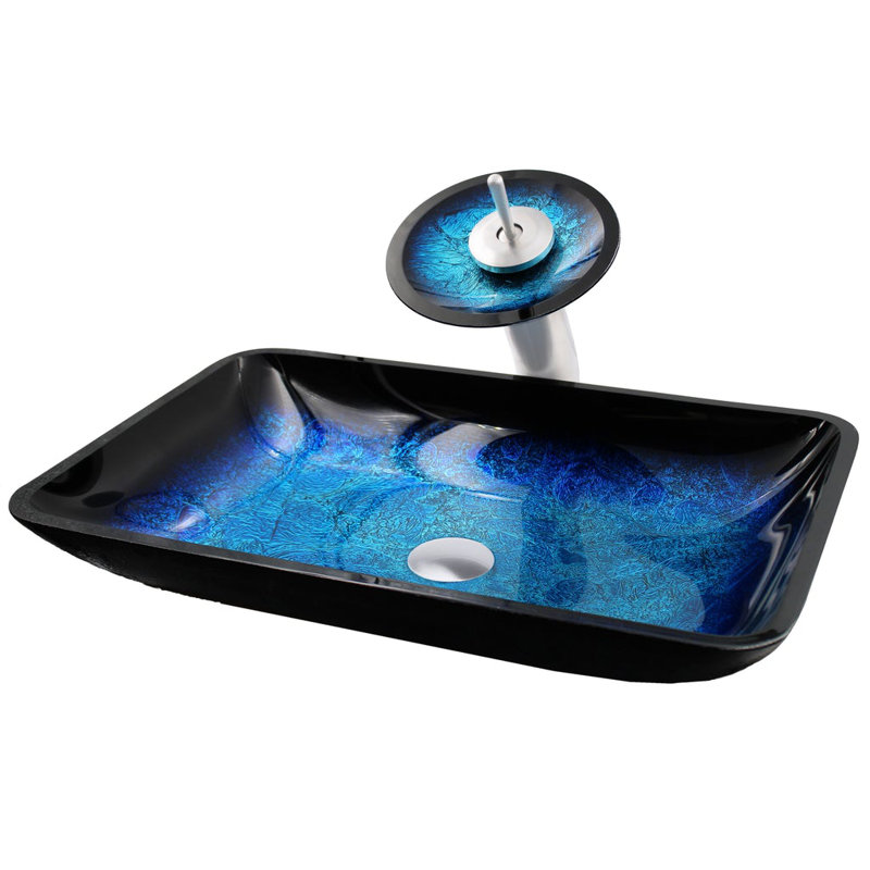 Lavabo de salle de bain vasque carré en verre bleu avec robinet, Nickel brossé