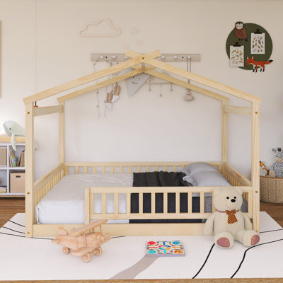Wood Frame Full Size House Bed With Fence