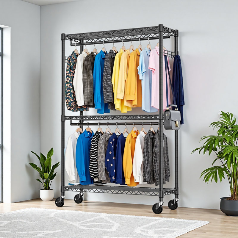Portant à vêtements robuste à 3 niveaux avec 2 tringles et crochets latéraux, support à vêtements de rangement avec roulettes