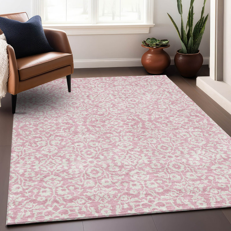 Tapis rose Prisco lavable à la machine de qualité supérieure, Rectangle 9 pi x 12 pi