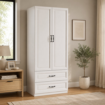Armoire-penderie en bois 74,8 po H avec 2 tiroirs et tringle, armoire de rangement autoportante 2 portes pour chambre