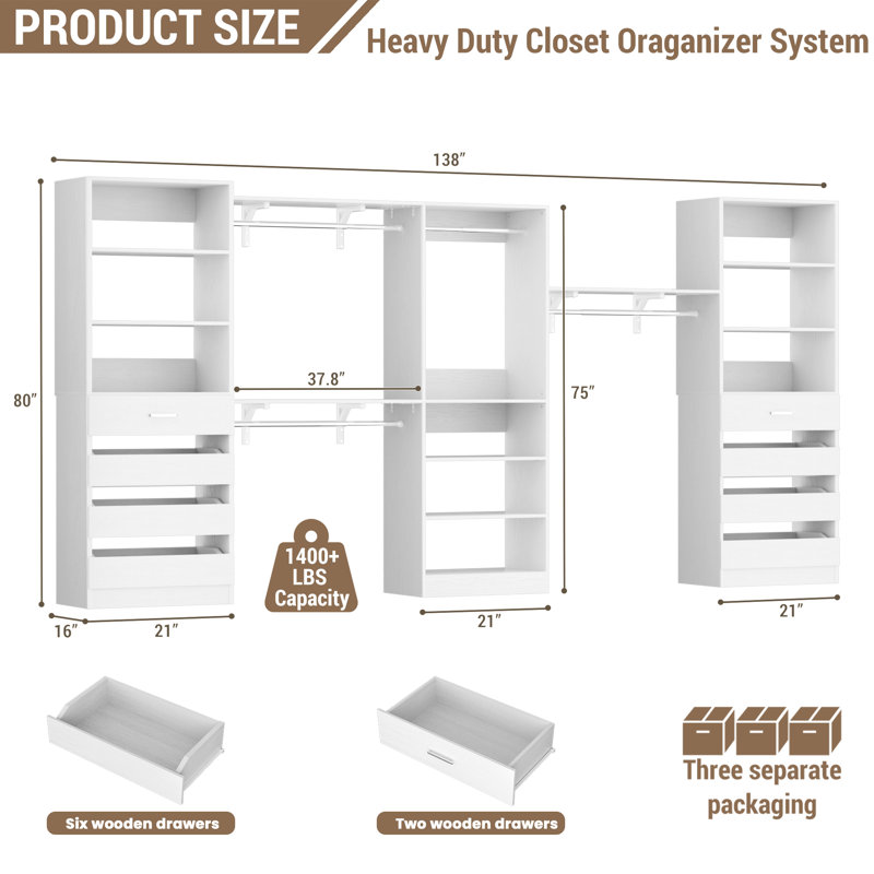 Seward Closet System With 8 Drawers, 4 Hanging Rods, White