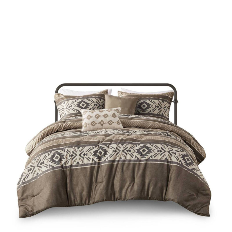 Édredon rayé à chevrons 5 pièces, très grand / très grand, brun, 2 coussins décoratifs, chevron brun,