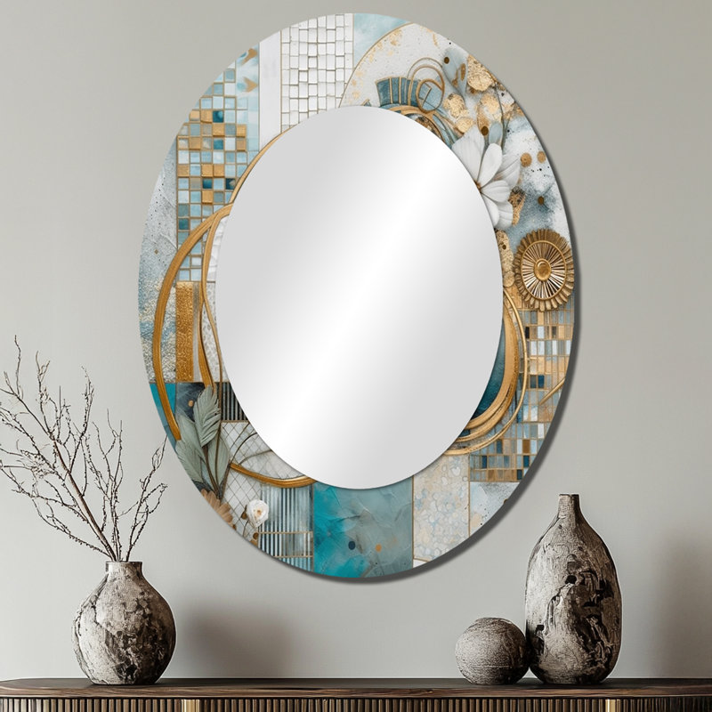 Golden Blue Mosaic Floral Design II - Large Oval Wall Mirror On Metal, 40" x 30"