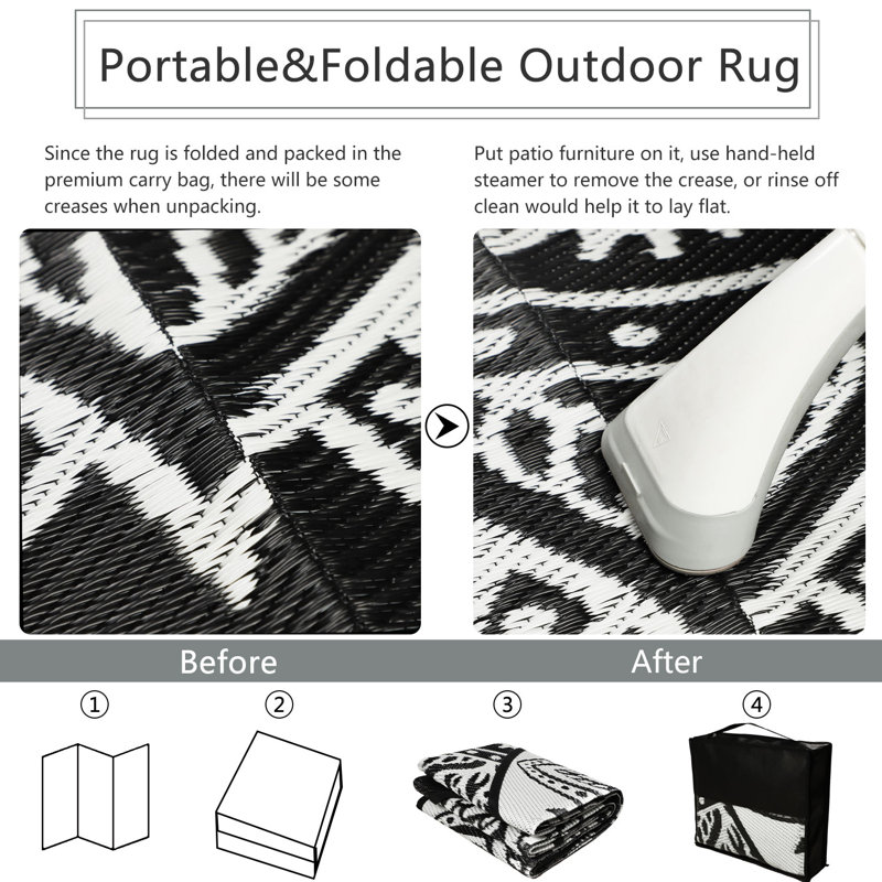 Round Outdoor Patio Rugs 5Ft Black and White Reversible Plastic Straw Rug with Carry Bag Lightweight Waterproof Camping Mat for Outdoor Porch Deck Backyard