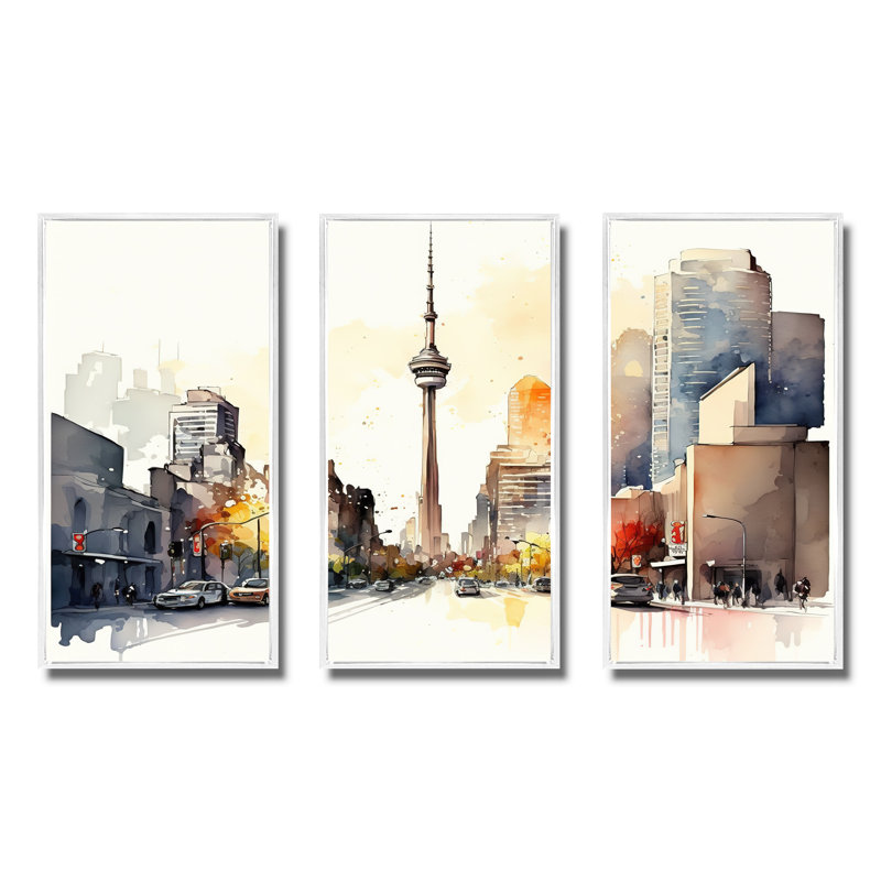 Toronto Skyline VIII - 3 pièces sur toile, Cadre blanc, H 32 po x l 48 po x P 1 po