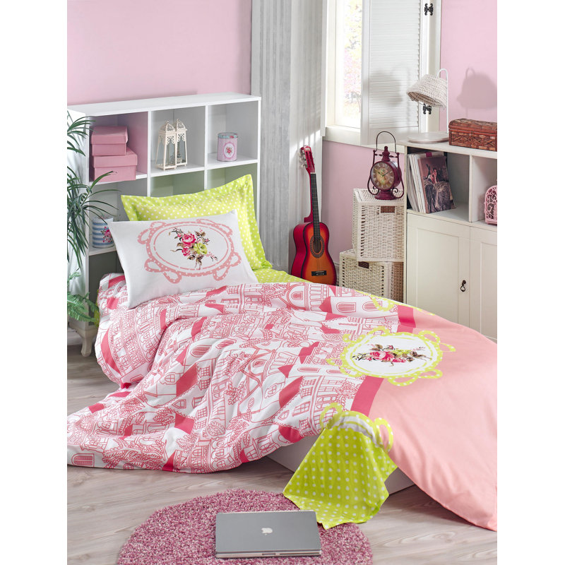 Premium Single Quilt Cover Set, 100% Cotton/Polyester Blend, 61 x 87 Duvet Cover & 20 x 35 Pillowcase | Stylish Pink, White & Yellow Design, Machine Washable, Button & Envelope Closure | Cozy & Elegant Bedding Solution