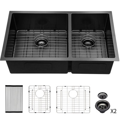 Évier en acier inoxydable noir industriel de 33 po x 19 po - cuve double sous le comptoir, cuve profonde de 10 po, pour une cuisine noire, en acier, fabriquée avec le souci du détail