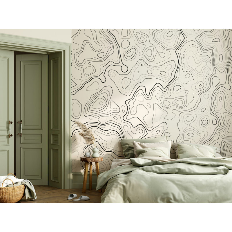 Papier peint noir à motif de lignes topographiques, L 106 po x l 187 po