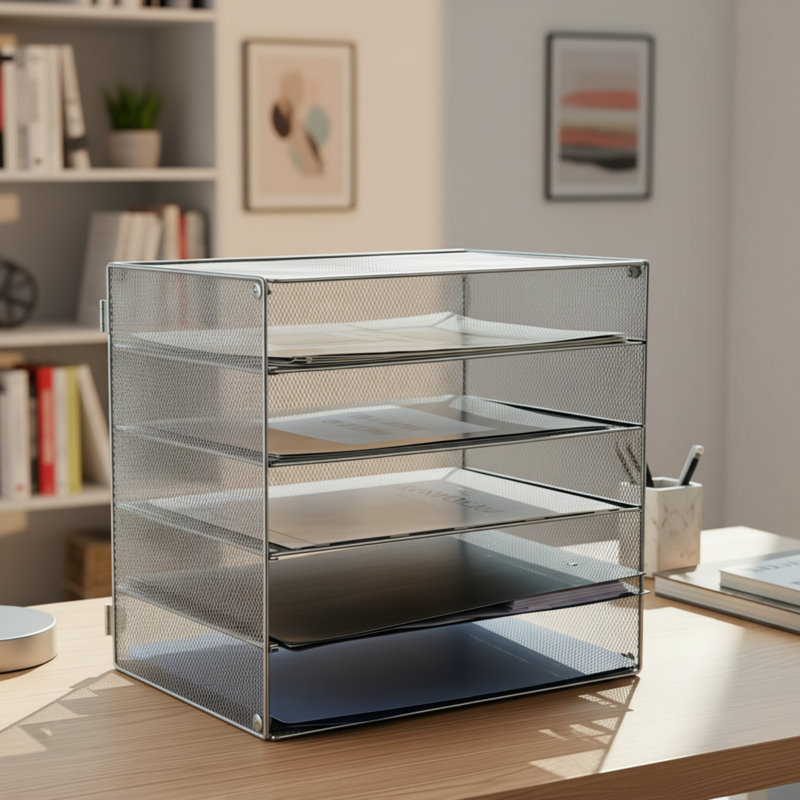 Plateau de rangement en filet à 5 compartiments, de couleur argent polyvalente, pour organiser des documents / papiers / lettres, convient aux bureaux, aux maisons et aux écoles.