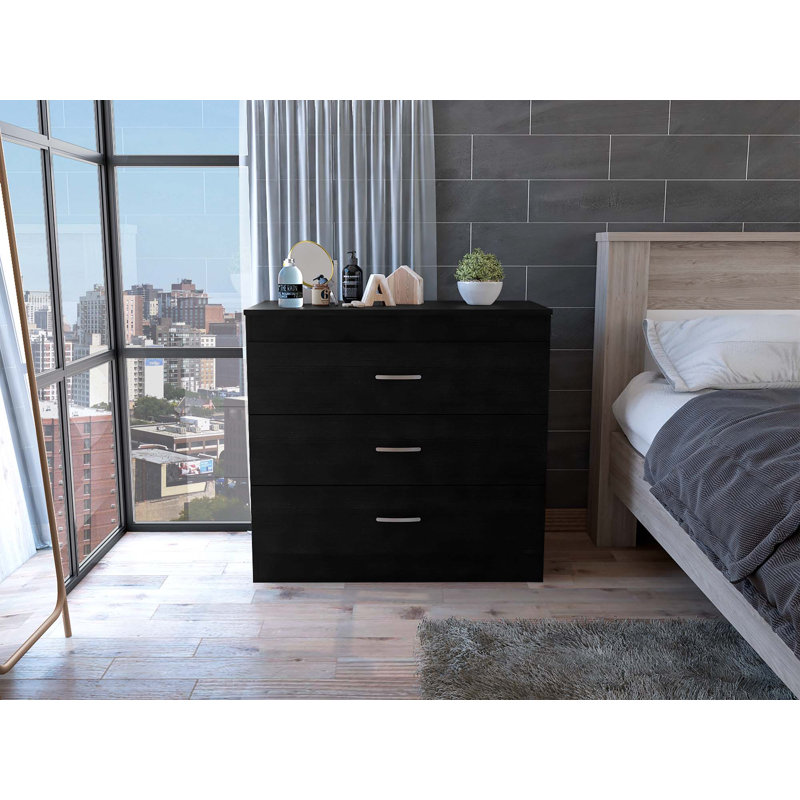 Commode 3 tiroirs, plateau supérieur, quincaillerie en métal, Noir