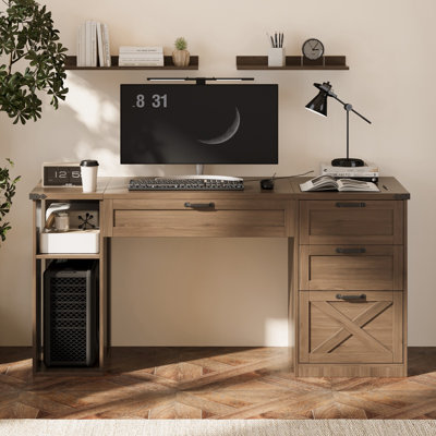 Bureau debout en bois rustique avec 3 tiroirs et tablettes de rangement ouvertes, hauteur réglable, bureau d'ordinateur personnel pour le travail, les études et l'écriture