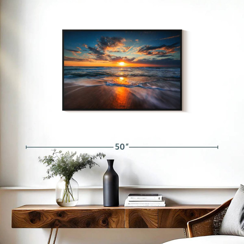 Été, océan, lever de soleil, Cadre flottant noir, 31 po x 21 po