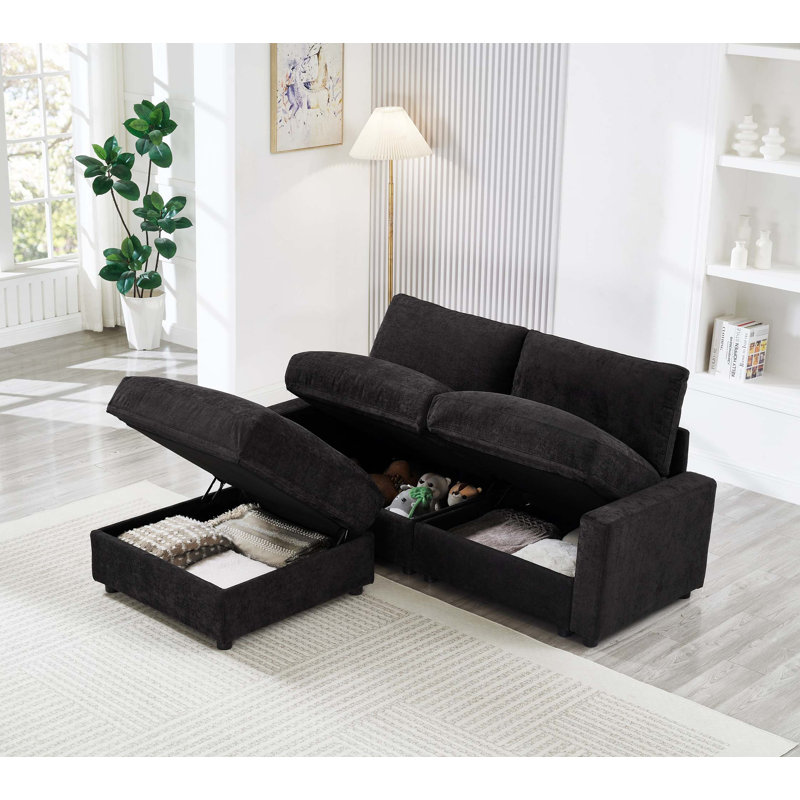 Canapé modulaire moderne en L avec rangement caché et repose-pieds flexible, Polyester - noir