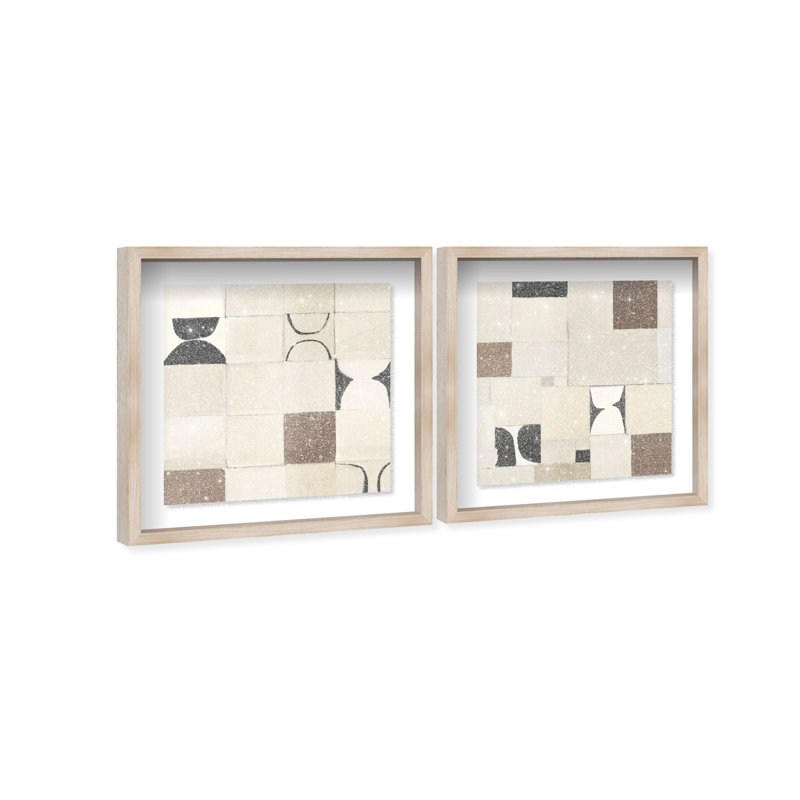 Boho Tiles Set Shadowbox Abstract Print by Oliver Gal, Black Frame, 12 x 12, 31.5" H x 31.5" W, Natural Oak Shadowbox