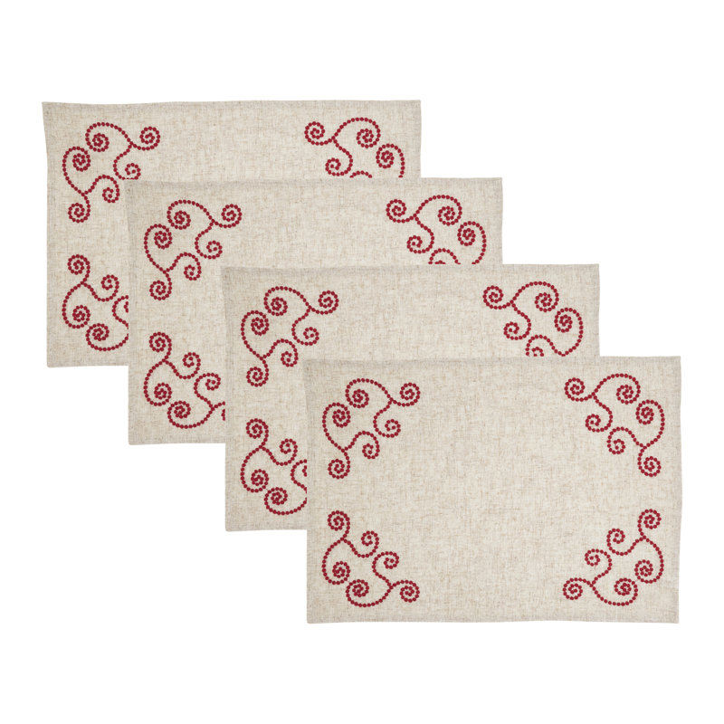 Napperons brodés à volutes en lin (ensemble de 4) - Napperons décoratifs de style campagnard avec broderie d'angle pour les repas de tous les jours, les tables de cuisine et les réceptions