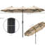 Parasol double extérieur de 2,90 m avec système d'inclinaison et manivelle, 3 aérations, 12 baleines, brun, idéal pour le jardin et la piscine. Fonction d'ombre généreuse. Manivelle, aération marron. Parfait pour la baignade.
