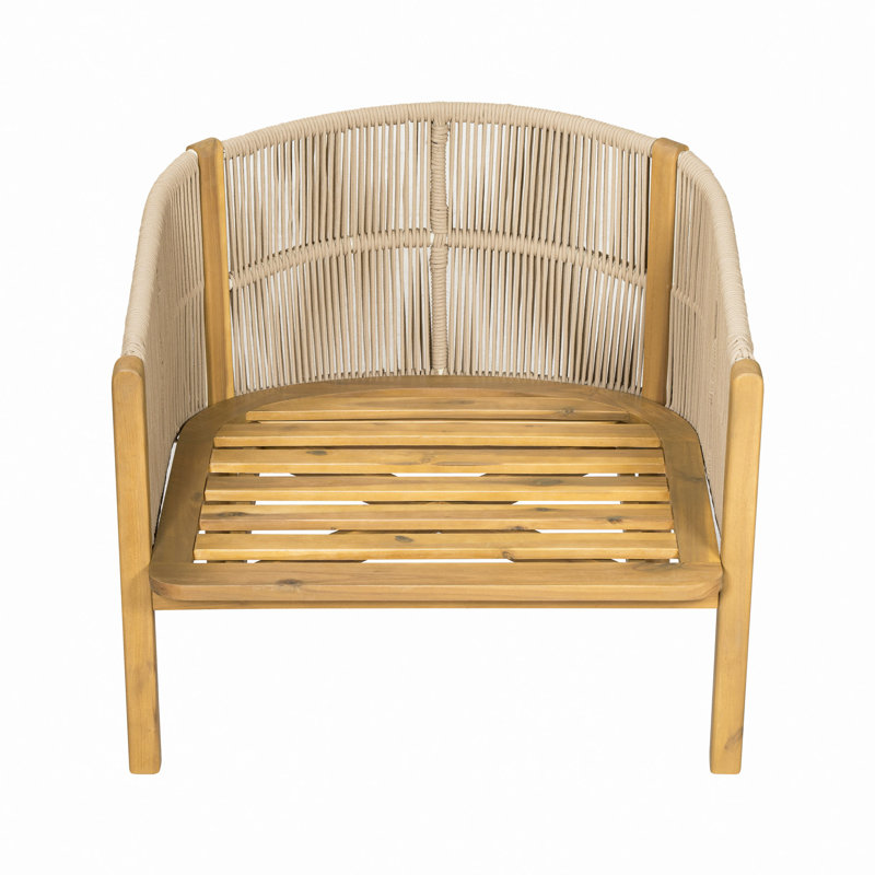 Fauteuil club d'extérieur en bois, corde avec coussin, 1, Beige, Teak