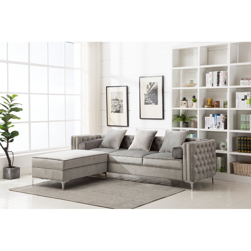 Canapé modulaire réversible en velours avec repose-pieds Zaida, Velours gris