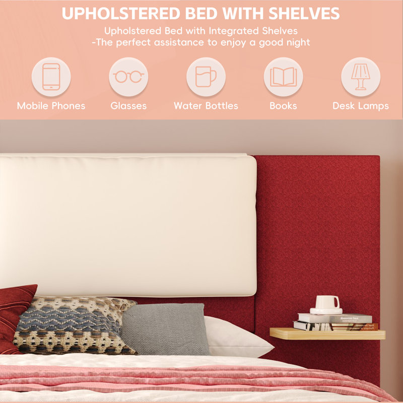 Upholstered Platform Bed with Extended Headboard and Floating Nightstand, Low Profile Bed Frame without Footboard, Red Beige, King