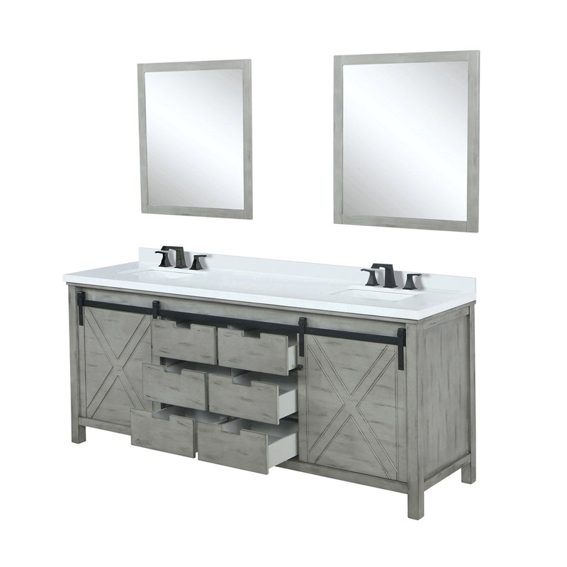 Meuble-lavabo double gris cendre l 84 po x P 22 po, comptoir en quartz blanc, ensemble de robinets et miroirs 34 po