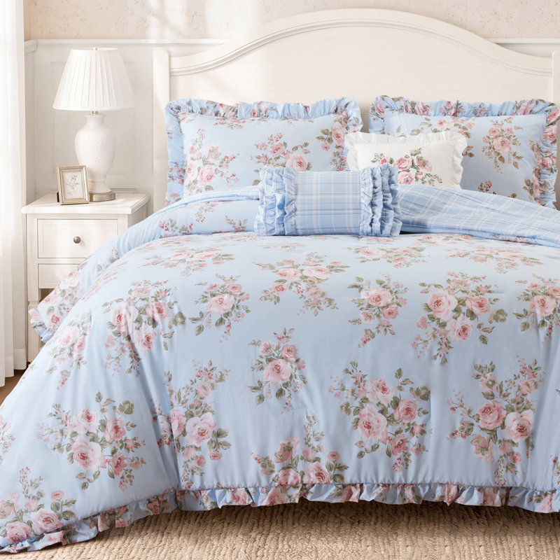 Ensemble de literie complet et queen, couette en microfibre à fleurs bleues