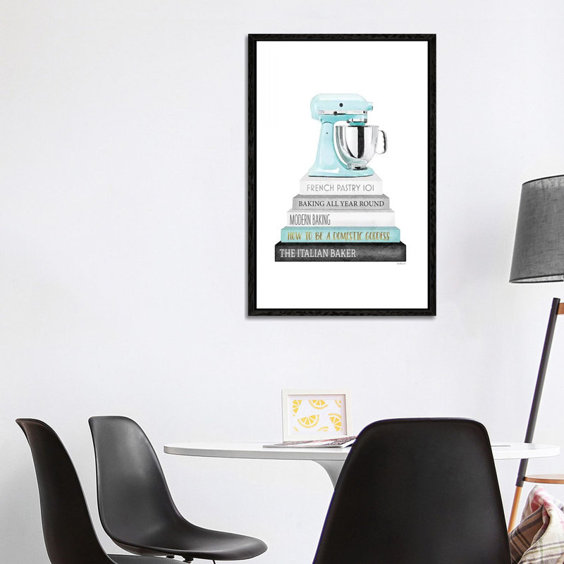 Baking Bookstack With Teal Mixer by Amanda Greenwood - Painting on Canvas, 66.04 cm H x 45.72 cm W, Black Framed Canvas
