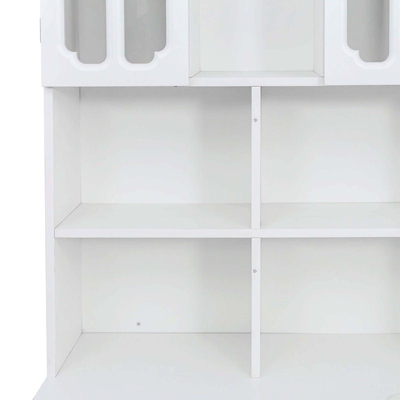 Bureau d'étude de coin en L blanc 2-en-1 blanc, table de travail de bureau à grand espace avec tiroirs, bibliothèque et armoire de rangement supérieure