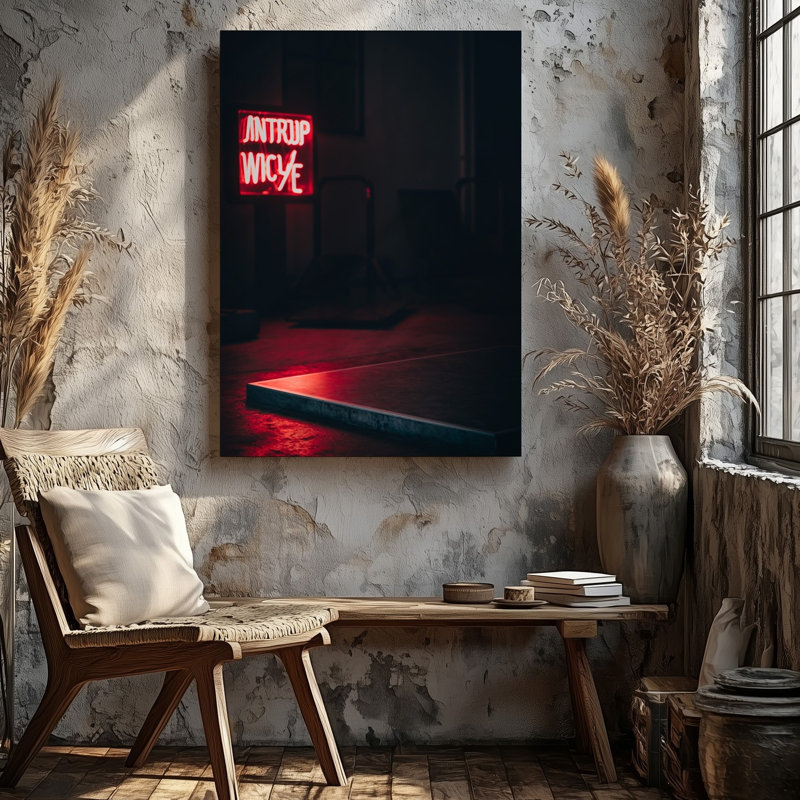 Reproduction d'art sur toile, "Sombre Moody", avec une pièce obscurcie avec une enseigne lumineuse au néon rouge