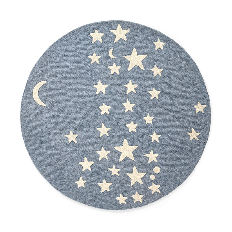 Tapis rond Lola en laine tuftée à la main, motif lune et étoile bleue, 152 x 152 cm, Circulaire 5 pi x 5 pi