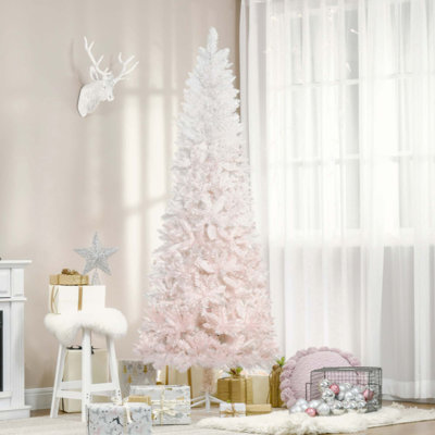 Sapin de Noël artificiel non éclairé 6 pi avec branches réalistes et base en acier, rose et blanc