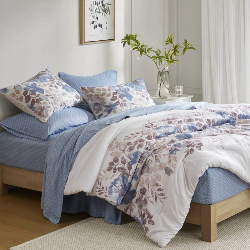 Doux édredon en microfibre à motif floral bleu, profondeur de 18,9 po, matelas jusqu'à 16 po