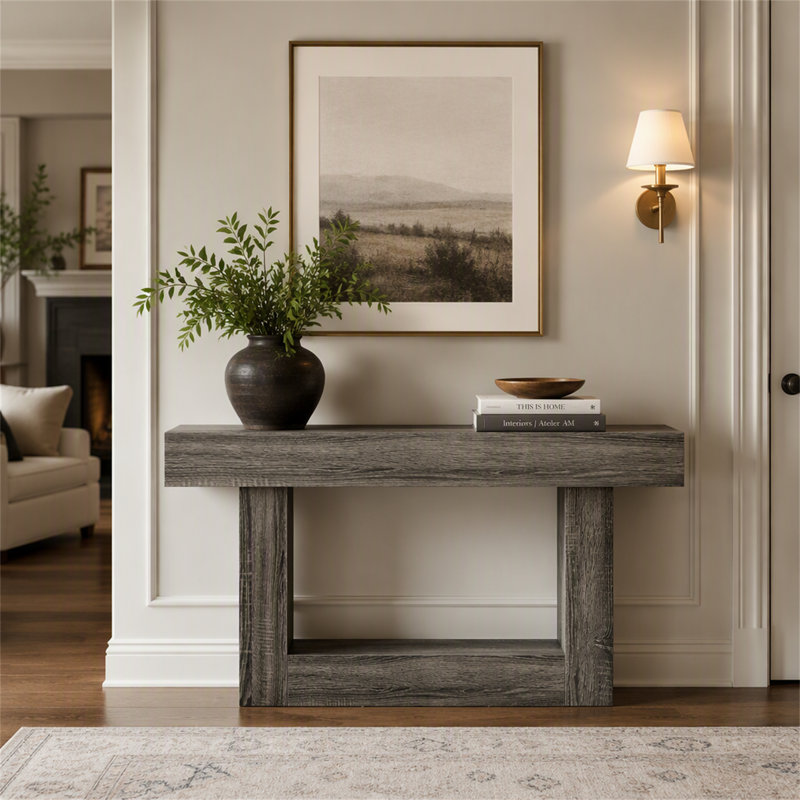 Console en bois de 160 cm, table d'appoint à deux niveaux de style champêtre, table d'entrée, Gris, Gris, Grey