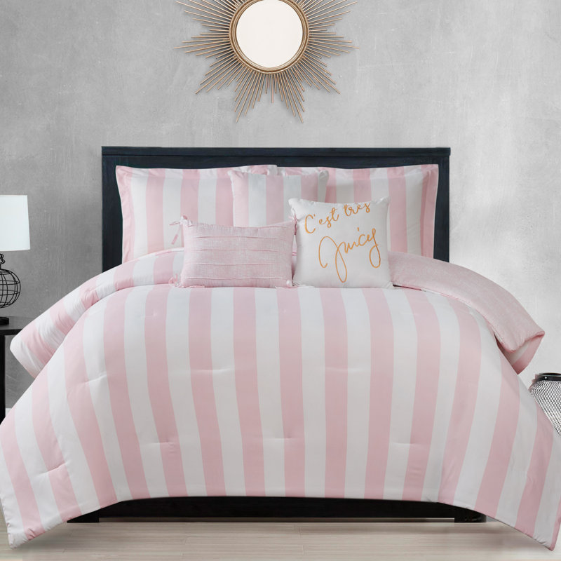 Juicy Couture Cabana Stripe Comforter Sets, Twin/Twin XL Comforter + 1 Sham + 3 Throw Pillows, White/Dogwood Pink