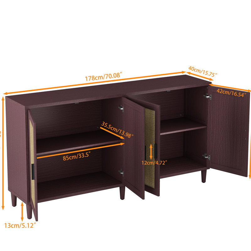 Armoire de rangement 69,4 po de couleur brune avec tablettes réglables et pieds en bois massif, idéale pour le buffet de la salle à manger avec quatre portes et un couloir de bon bureau