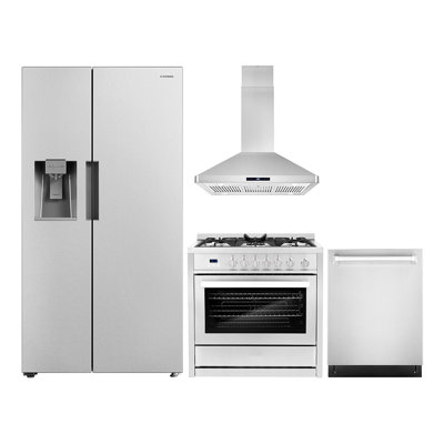 4 Piece Kitchen Package with 36" Gas Range 36" Island Range Hood 24" Dishwasher & Refrigerator