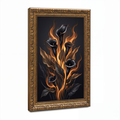 Art mural en toile noyer doré encadré pour le salon, la chambre à coucher, le bureau ou le vestibule - Décoration murale décorative avec fleur de flamme