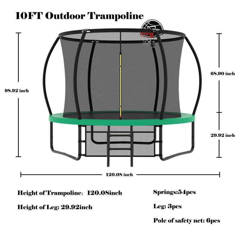 Trampoline citrouille 10 pi, trampoline d'extérieur avec panier de basketball, filet et échelle, Vert