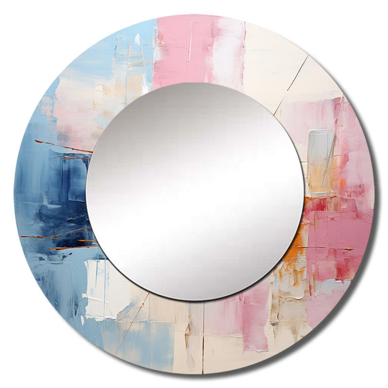 Argonia abstrait patchwork IV - grand miroir de collages abstraits, décor de miroir mural rond bleu sarcelle, impression d'art en métal