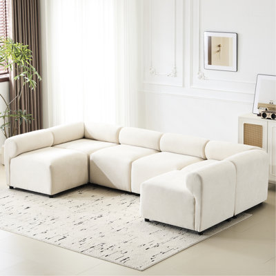 114 In. U Shaped 6 - Piece Modular With Beige Fabric, Strong Frame Build, High Density Resilience Padding, Round Back Appearance, Customizable Layout, Fast Assembly For Living Room Decor Seat Fabric