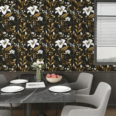 Black And White Floral Peel And Stick Wallpaper With Gold Vintage Botanical Pattern - Self-Adhesive Removable Waterproof Vinyl Contact Paper For Walls, Furniture, And Home Decor