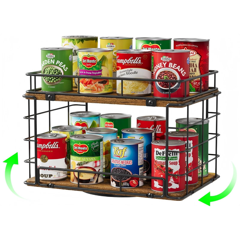 Organisateur rotatif à 360 ° pour garde-manger, organisateur à 2 niveaux Lazy Susan peut contenir jusqu'à 26 canettes de soda, fil métallique et tablette en bois avec rangement pour platine de cuisine
