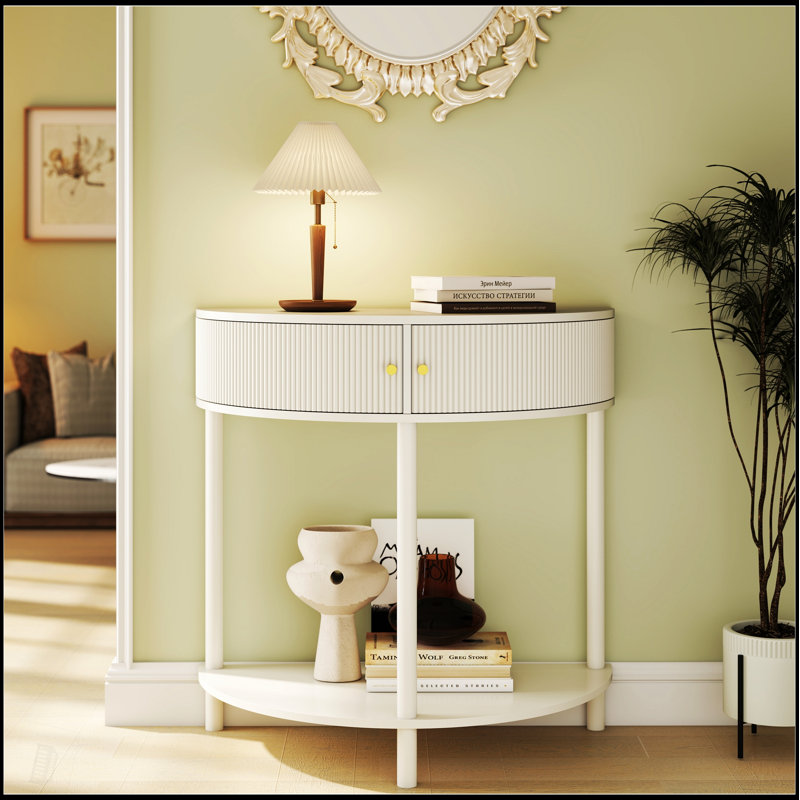 Artisan-Crafted Wave-Pattern Demi-Lune Console Table, Unique Half Moon Design With 2 Storage Drawers And Bottom Shelf For Living Room, Bedroom, Study, Hallway