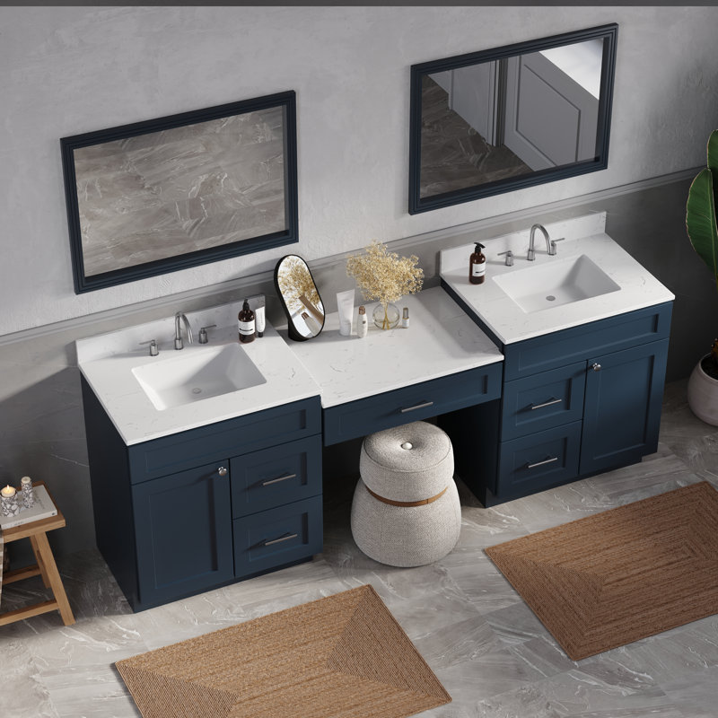 Meuble-lavabo double 91 po avec comptoir en quartz 91 po, Bleu