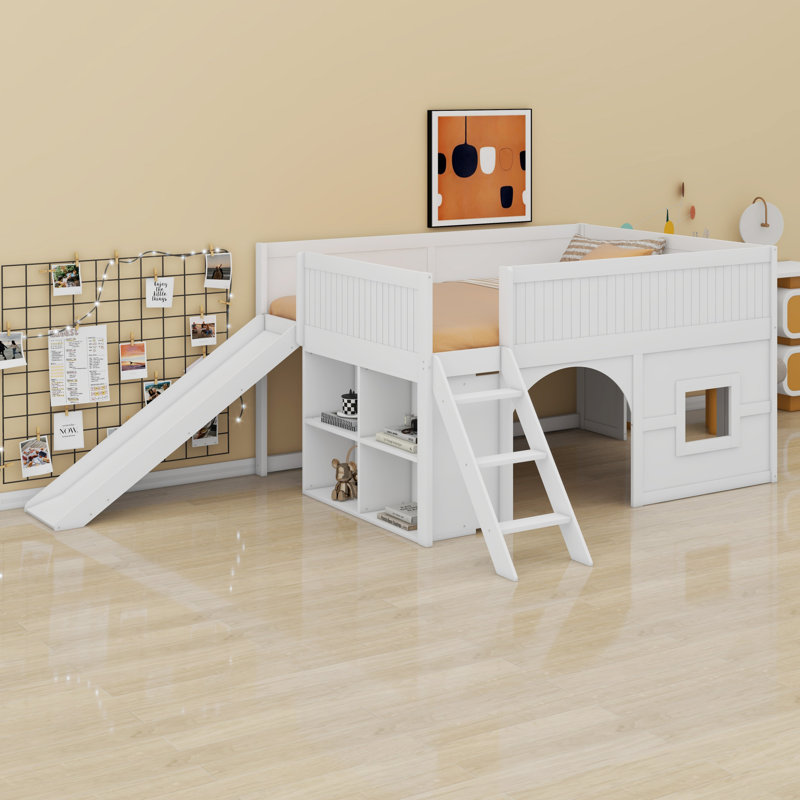 Lit mezzanine bas fonctionnel avec glissade et tablettes intégrées, Blanc