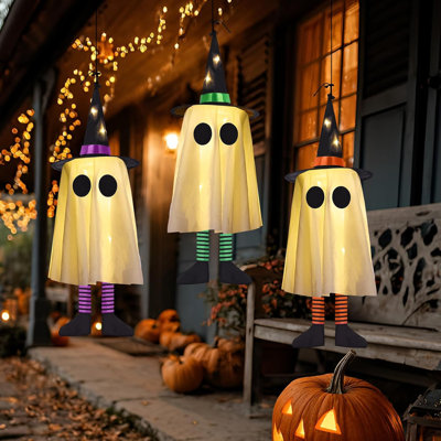 Set of 3 Hanging Lighted Ghosts with Witch Hats - Halloween Outdoor Decor, Glowing Animated Decoration for Yard, Garden, Porch Party - Spooky & Cute N