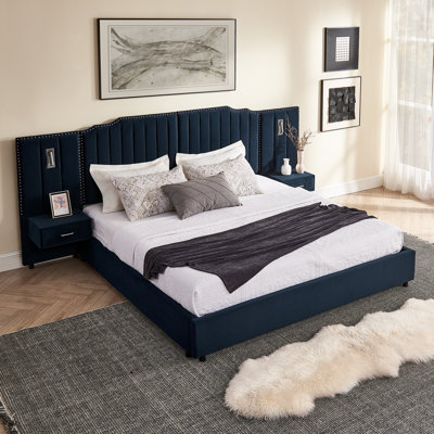 King Size Upholstered Platform Bed Frame with Velvet Headboard, Vertical Stripe Button Tufted, Built-In Nightstands, No Box Spring Needed-Dark Blue
