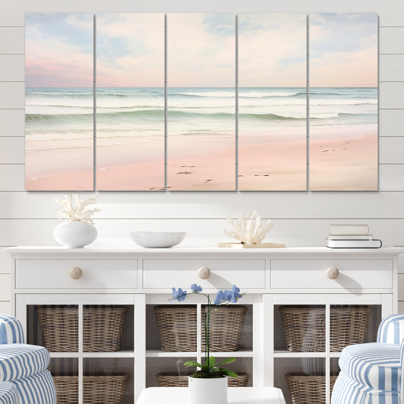 «Ocean Tranquility Tender Pink Pastel Sunrise I», reproduction d'art sur toile plage - 5 panneaux égaux